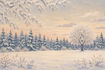 Snow Covered Pines in Winter Meadow