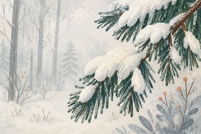 Snow Covered Pines in Quiet Winter Forest