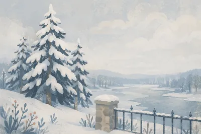 Snow Covered Pines in Misty Winter Wonderland