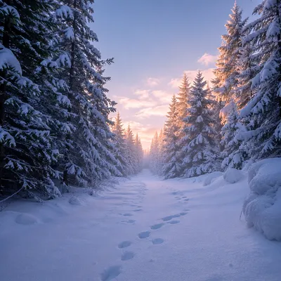 Snow Covered Pine Forest Winter Path