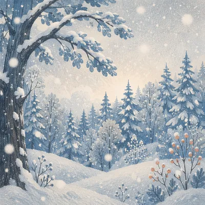 Quiet Snowfall Over Evergreen Winter Forest