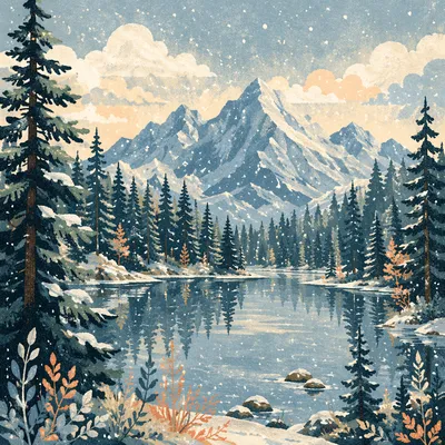Quiet Winter Evergreen Forest by Alpine Lake