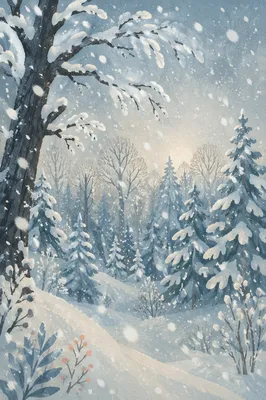 Quiet Snowfall Over Evergreen Winter Forest