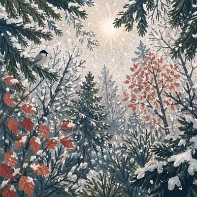 Peaceful Snowfall Through Winter Pine Canopy