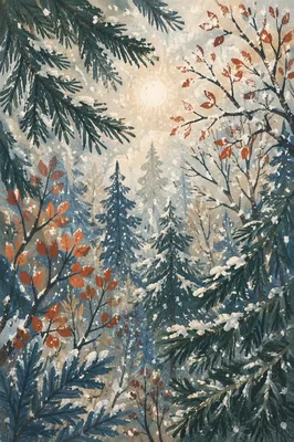 Peaceful Snowfall Through Winter Pine Canopy