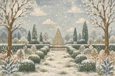 Peaceful Snow Falling Winter Garden Landscape