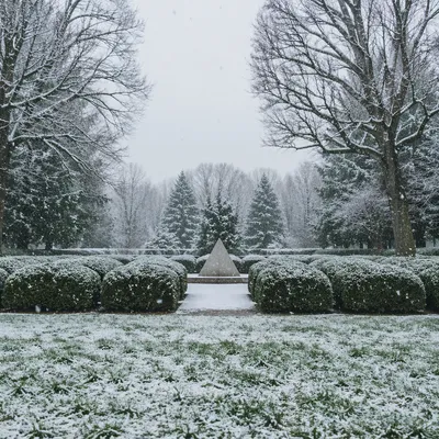 Peaceful Snowfall in Winter Garden