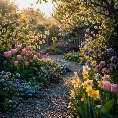 Early Morning Spring Garden in Bloom