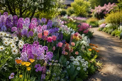 Colorful Spring Garden Along Curving Path