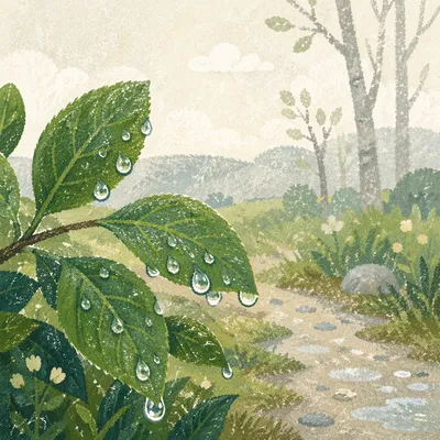 Spring Raindrops on Fresh Green Leaves