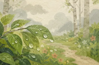 Spring Rain Drops on Green Leaves