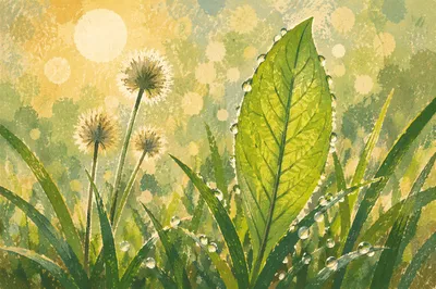Dewy Spring Leaves in Morning Light