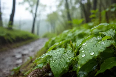 Spring Raindrops on Fresh Green Leaves