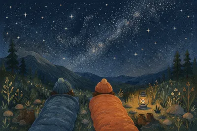 Couple Stargazing on a Clear Night Ridge