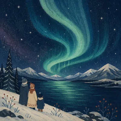 Starry Aurora Over Winter Mountain Lake