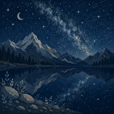 Starry Mountain Lake Reflection at Midnight