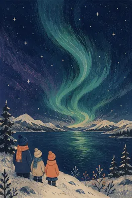 Aurora Over Snowy Mountain Lake Reflection