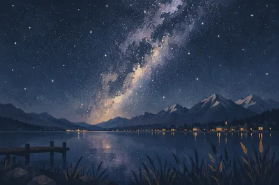 Starry Alpine Lake With Milky Way Reflection