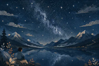 Starry Alpine Lake Reflection at Night