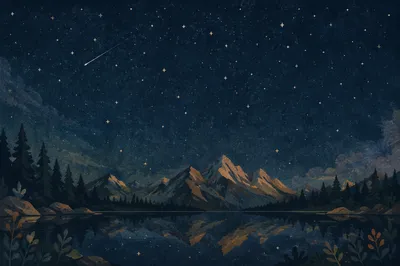 Starry Night Lake Reflection Over Mountains