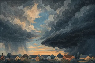 Dramatic Storm Clouds Over Suburban Horizon
