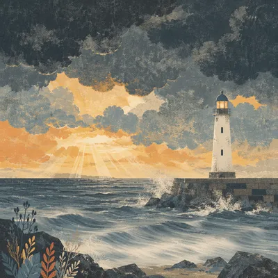 Stormy Lighthouse Seascape at Golden Hour