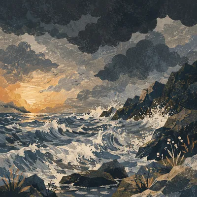 Stormy Ocean Waves Under Dark Clouds