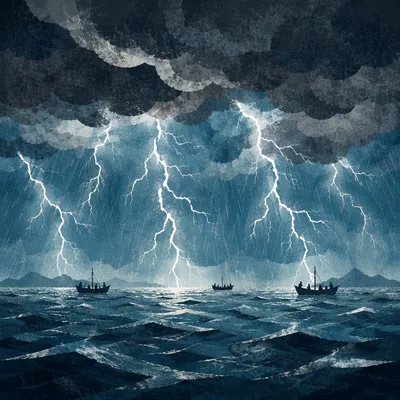 Lightning Over Stormy Sea and Fishing Boats