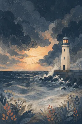 Stormy Lighthouse Beneath Amber Sunbeams