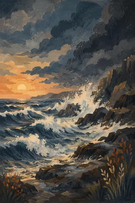 Stormy Ocean Waves Under Dark Sunset Clouds