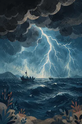 Stormy Sea with Lightning and Fishing Boats