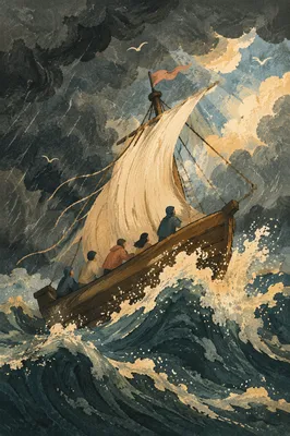 Storm Tossed Sailboat Beneath Dark Clouds