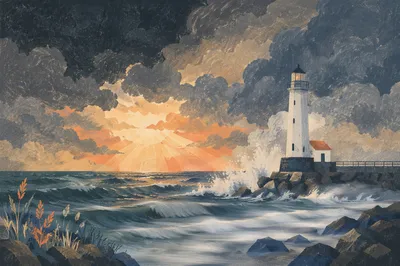 Stormy Lighthouse Seascape at Golden Hour