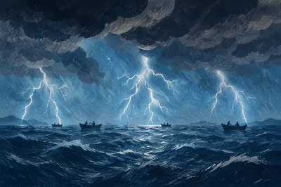 Lightning Over Stormy Sea and Fishing Boats
