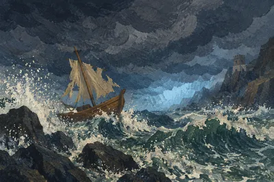 Stormy Sea with Wooden Sailing Vessel