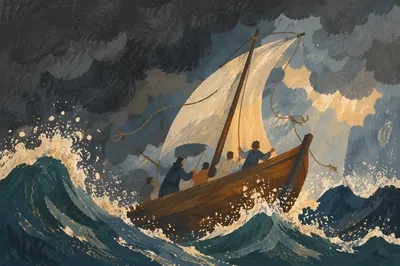 Wooden Sailboat Battling Stormy Sea