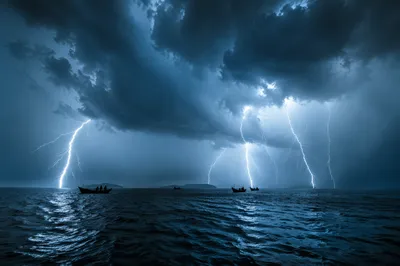 Lightning Over Stormy Sea and Fishing Boats