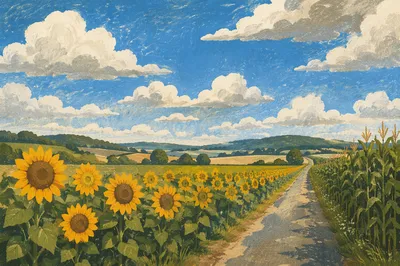 Sunflower Field Road Under Blue Sky