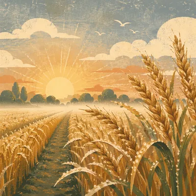 Golden Sunrise Over Dewy Wheat Field