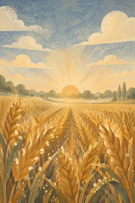Golden Sunrise Over Dewy Wheat Field