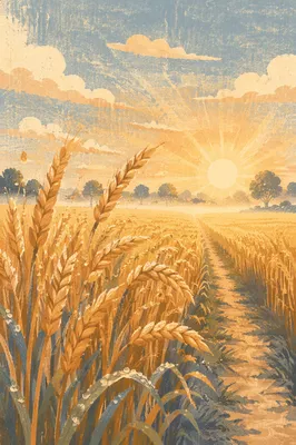 Golden Sunrise Over Dewy Wheat Field