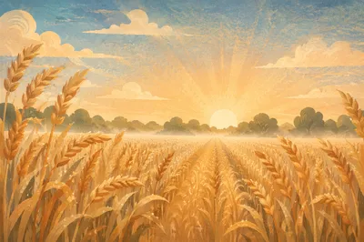 Golden Sunrise Over Dewy Wheat Field