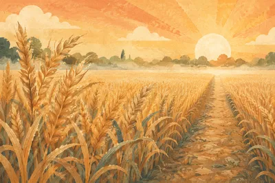 Golden Sunrise Over Dewy Wheat Field