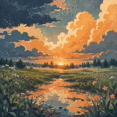 Golden Sunset After Storm Over Meadow