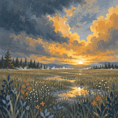 Golden Sunset After Thunderstorm Over Meadow