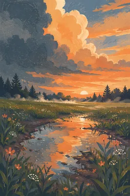 Golden Sunset After Thunderstorm Over Meadow