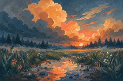 Golden Sunset After Storm Over Meadow