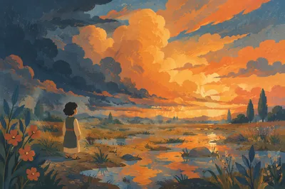 Golden Sunset Over Storm-Washed Meadow
