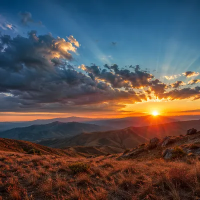 Golden Sunset After Thunderstorm Over Mountains