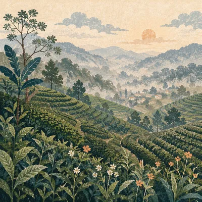 Misty Morning Over Terraced Tea Hills